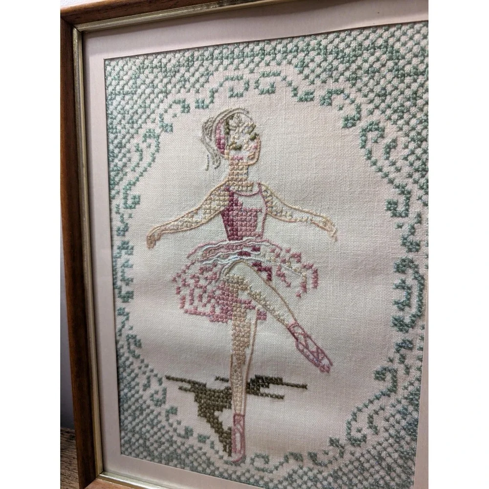 1968‎ Vintage toe point ballerina hand-stitched on linen in frame